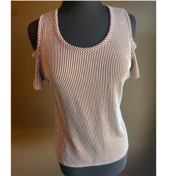 Rae Republic Large Women's Cold Shoulder Top Striped Blouse Shirt - Picture 1 of 6